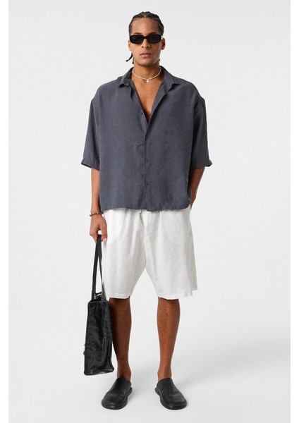 Oversize Kısa Kol Modal Kumaş Gömlek Antrasit