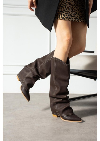 Leire Kadın Çizme Kovboy Körüklü Mat Kahverengi Deri