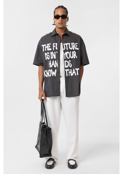 Ön Baskılı %100 Pamuk Poplin Oversize Gömlek Füme