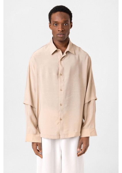 Çift Kol Detaylı Oversize Gömlek Bej modelleri