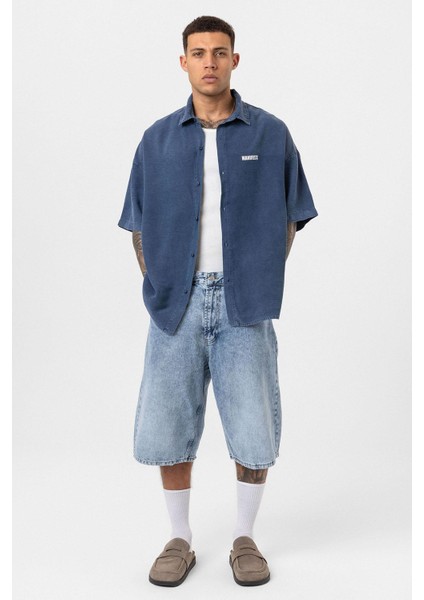 Yıkamalı Oversize Baskılı Kısa Kollu Gömlek Indigo