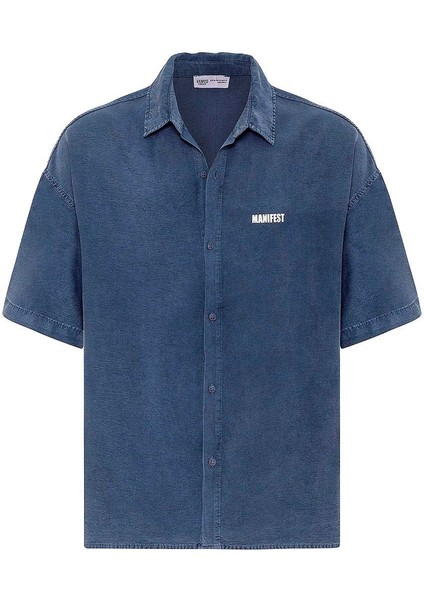 Yıkamalı Oversize Baskılı Kısa Kollu Gömlek Indigo fiyatları