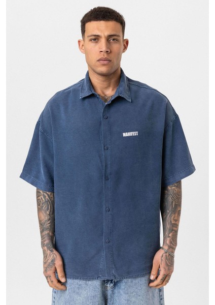 Yıkamalı Oversize Baskılı Kısa Kollu Gömlek Indigo modelleri