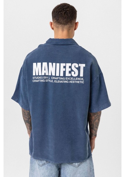 Yıkamalı Oversize Baskılı Kısa Kollu Gömlek Indigo indirimleri