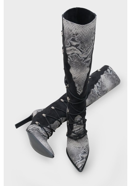 Kadın Sivri Burun Yılan Deri Desenli Topuklu Günlük Çizme Athenas Siyah fiyatları