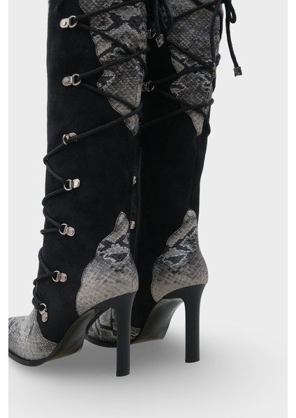 Kadın Sivri Burun Yılan Deri Desenli Topuklu Günlük Çizme Athenas Siyah modelleri