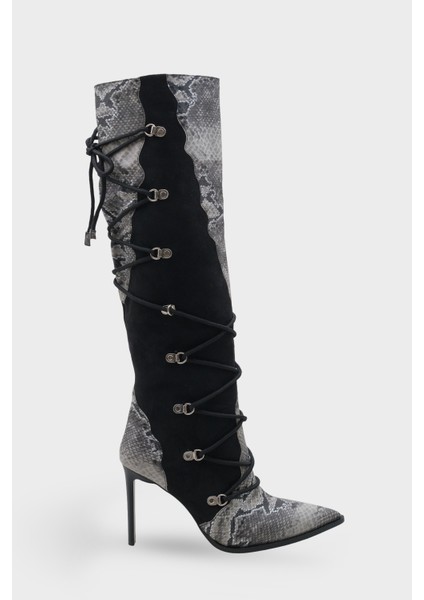 Kadın Sivri Burun Yılan Deri Desenli Topuklu Günlük Çizme Athenas Siyah fırsatları
