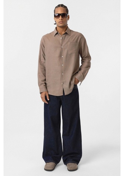 Cep Detaylı Oversize Uzun Kol Gömlek Vizon