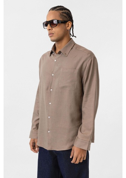 Cep Detaylı Oversize Uzun Kol Gömlek Vizon modelleri