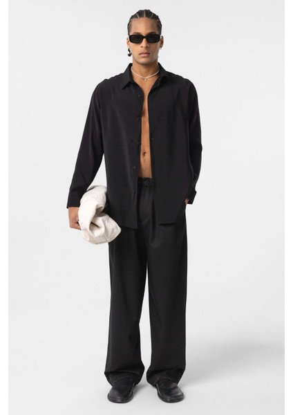 Oversize Modal Kumaş Gömlek Siyah