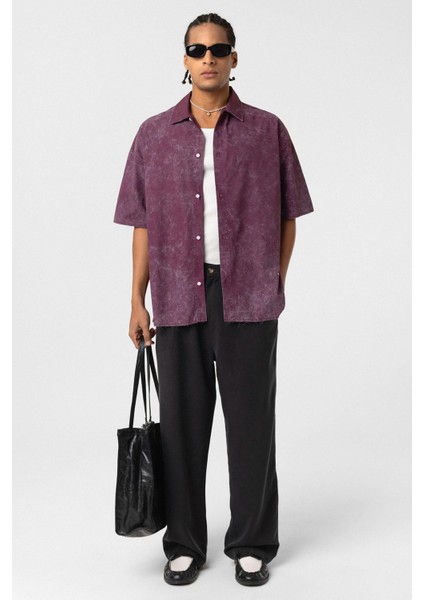 Yıkamalı Yazı Baskılı Oversize Kısa Kol Gömlek Bordo