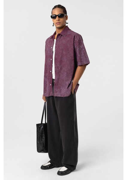 Yıkamalı Yazı Baskılı Oversize Kısa Kol Gömlek Bordo fiyatları