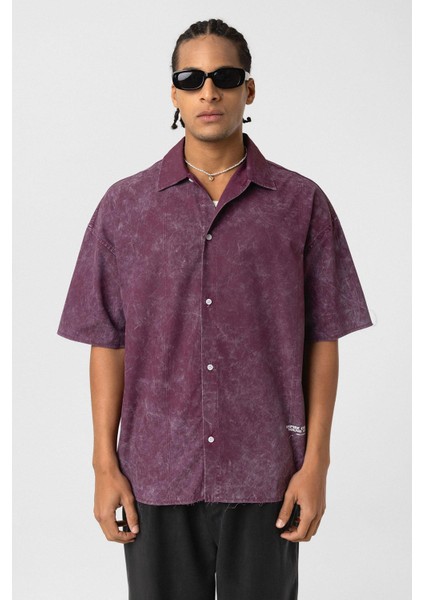 Yıkamalı Yazı Baskılı Oversize Kısa Kol Gömlek Bordo modelleri