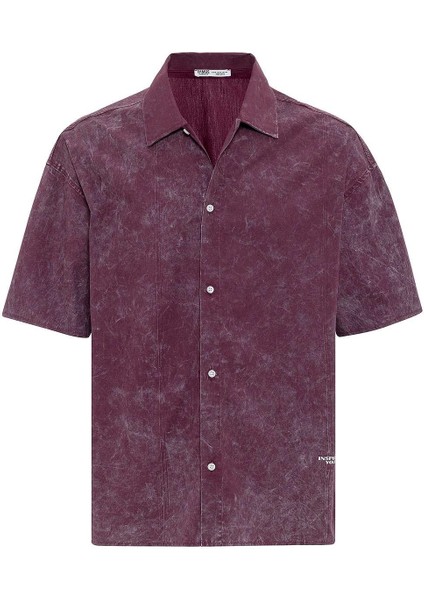 Yıkamalı Yazı Baskılı Oversize Kısa Kol Gömlek Bordo fırsatları