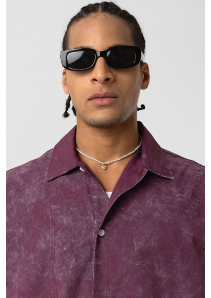 Yıkamalı Yazı Baskılı Oversize Kısa Kol Gömlek Bordo indirimleri