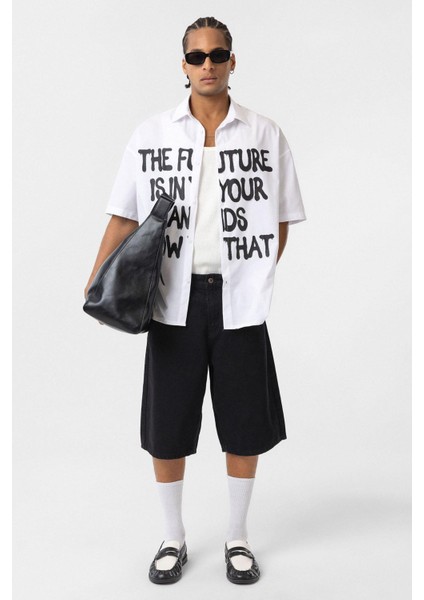 Ön Baskılı %100 Pamuk Poplin Oversize Gömlek Ekru