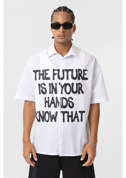 Ön Baskılı %100 Pamuk Poplin Oversize Gömlek Ekru fiyatları