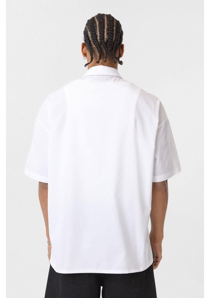 Ön Baskılı %100 Pamuk Poplin Oversize Gömlek Ekru indirimleri