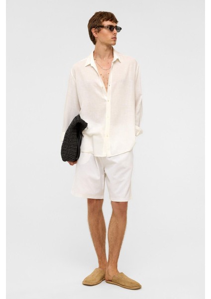 Oversize Uzun Kollu Keten Gömlek Beyaz fiyatları