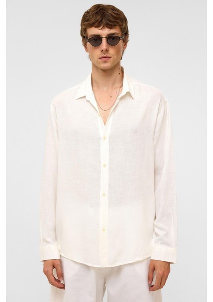 Oversize Uzun Kollu Keten Gömlek Beyaz modelleri