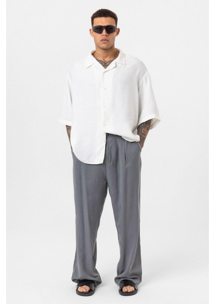 Yıkamalı Oversize Kısa Kol Gömlek Ekru