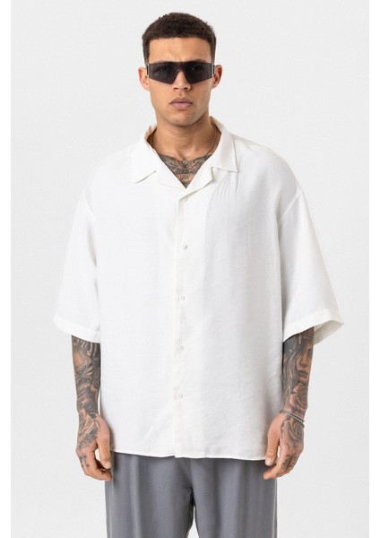 Yıkamalı Oversize Kısa Kol Gömlek Ekru modelleri