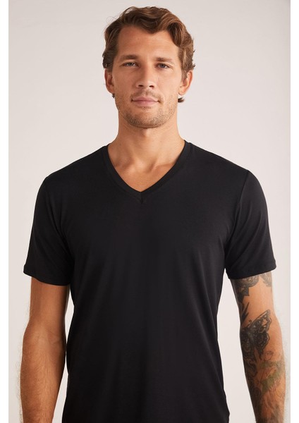 Emilio V Yaka Modal Erkek Tshirt Siyah fiyatları