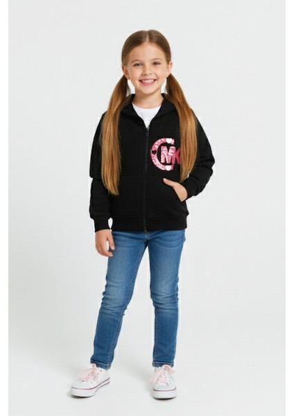 Kapüşonlu Kız Çocuk Kalın Fermuarlı Sweatshirt - 60705