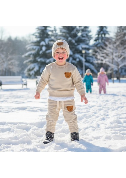 Teddy 3'lü Bej Eşofman Çocuk Takımı Bere Seti