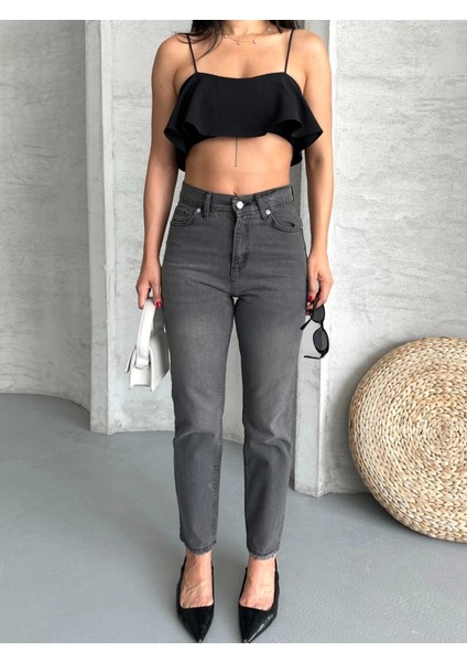 Mom Fit Enzim Taş Yıkama Jeans Pantolon Füme D2006