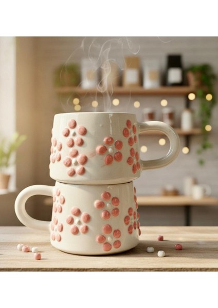 El Yapımı Pembe Papatya Desenli 2'li Kupa Bardak 200 ml