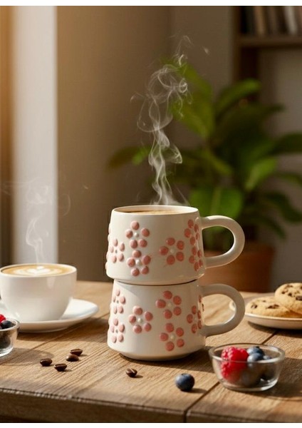 El Yapımı Pembe Papatya Desenli 2'li Kupa Bardak 200 ml modelleri