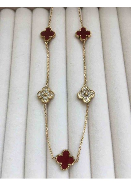 316L Gold Bordo Taşlı Çelik Kolye
