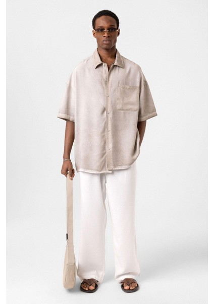 Yıkamalı Kısa Kollu Oversize Gömlek Taş