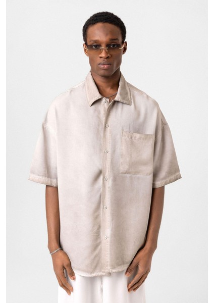 Yıkamalı Kısa Kollu Oversize Gömlek Taş modelleri