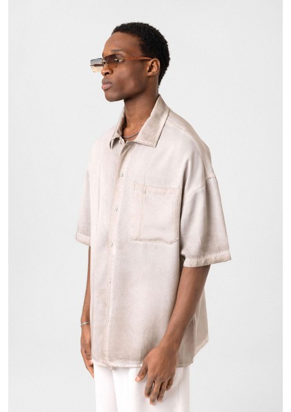 Yıkamalı Kısa Kollu Oversize Gömlek Taş fırsatları