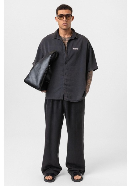 Yıkamalı Oversize Baskılı Kısa Kollu Gömlek Siyah