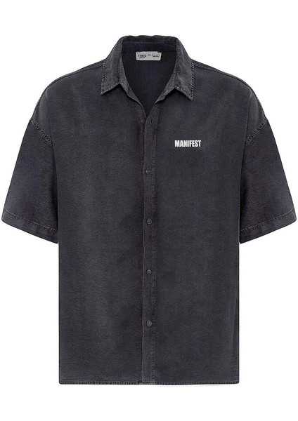 Yıkamalı Oversize Baskılı Kısa Kollu Gömlek Siyah fiyatları