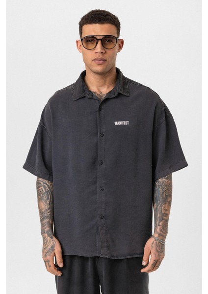 Yıkamalı Oversize Baskılı Kısa Kollu Gömlek Siyah modelleri