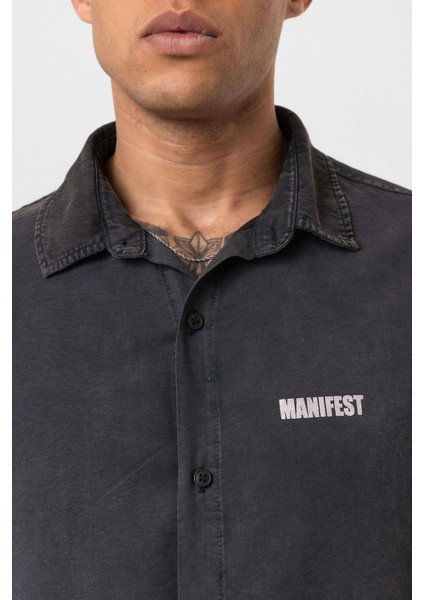 Yıkamalı Oversize Baskılı Kısa Kollu Gömlek Siyah indirimleri