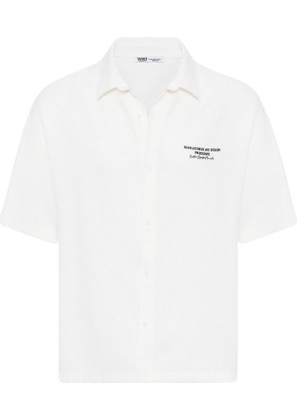 Yıkamalı Oversize Kısa Kol Baskılı Tensel Gömlek Ekru fiyatları