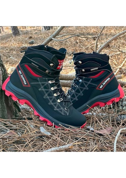 2224-JAMPER Anatomik Kaydırmaz Tabanlı Soft Shell Outdoor Trekking Erkek Fermuarlı Spor Bot - NKT02224-SIYAH-KIRMIZI-41