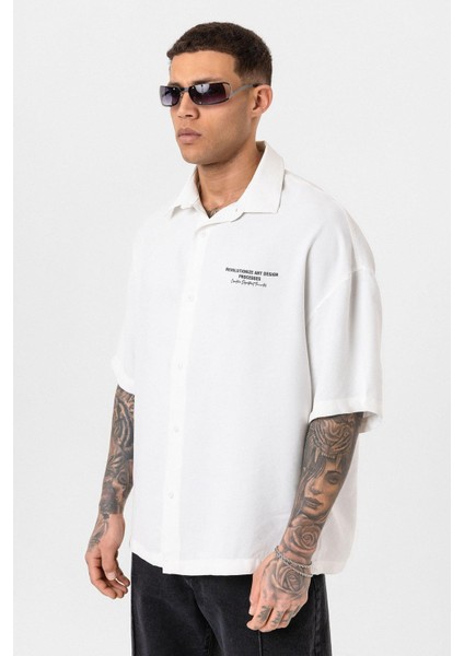 Yıkamalı Oversize Kısa Kol Baskılı Tensel Gömlek Ekru modelleri