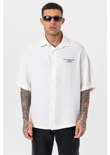 Yıkamalı Oversize Kısa Kol Baskılı Tensel Gömlek Ekru fırsatları