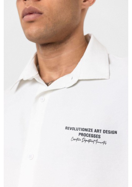 Yıkamalı Oversize Kısa Kol Baskılı Tensel Gömlek Ekru indirimleri