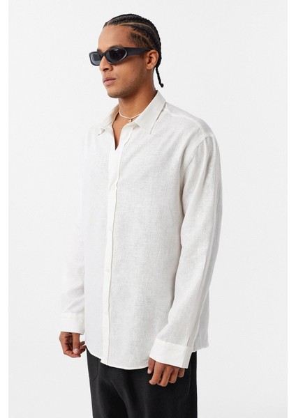Basic Oversize Uzun Kollu Keten Gömlek Ekru fırsatları