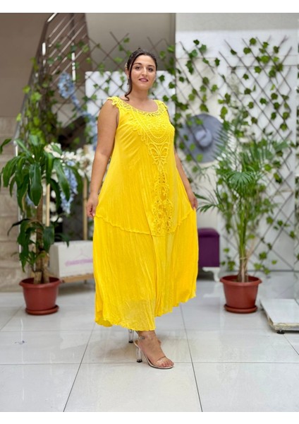 VL1046 Kolsuz Vual Elbise Sarı