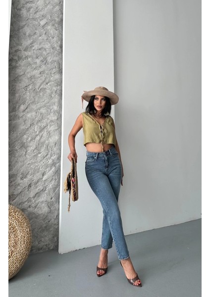 Mom Fit Bıyık Kar Yıkama Jeans Pantolon Koyu Mavi D2006 fırsatları