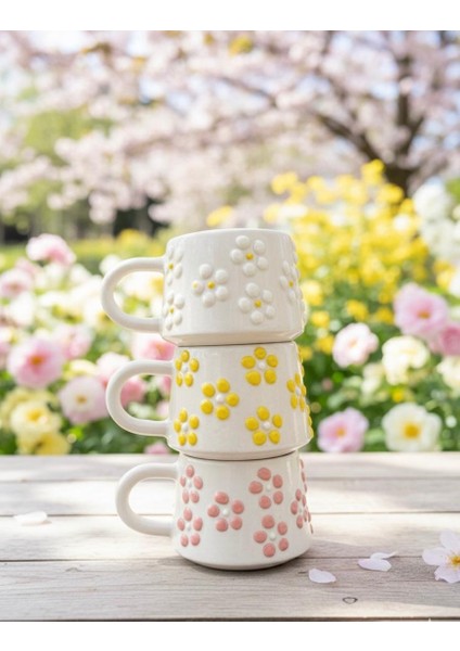 El Yapımı Beyaz Pembe Sarı Papatya Desenli 3'lü Seramik Kupa Bardak 200 ml