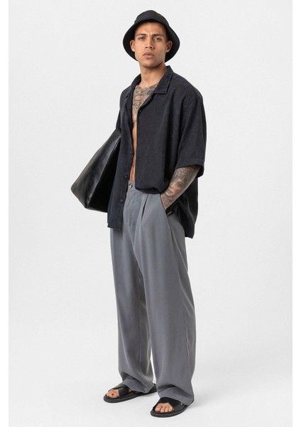 Yıkamalı Oversize Kısa Kol Gömlek Siyah